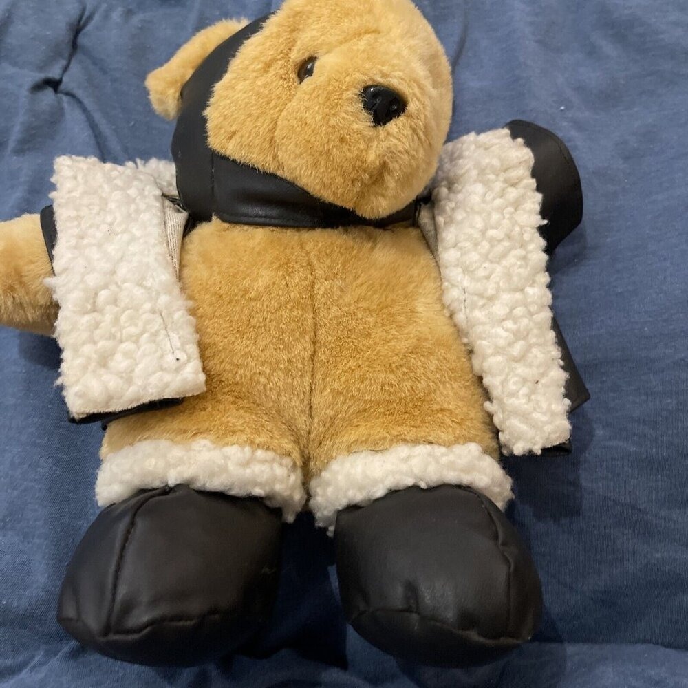 LIGHT BROWN TEDDY BEAR PILOT WITH FAUX LEATHER‎ HAT JACKET BOOTS PRE-OWNED